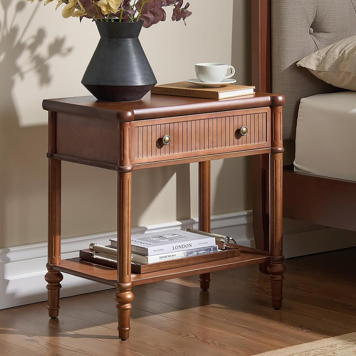 HULALA HOME Traditional End Table with Open Shelf, Fluted Nightstand with Charging Station, Paulownia Wood Drawer Side Table, Brown | Amazon (US)