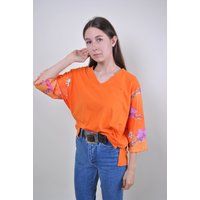 90S Orange Blouse, Floral Pattern Sleeve, Women Vneck Shirt, Size M | Etsy (US)