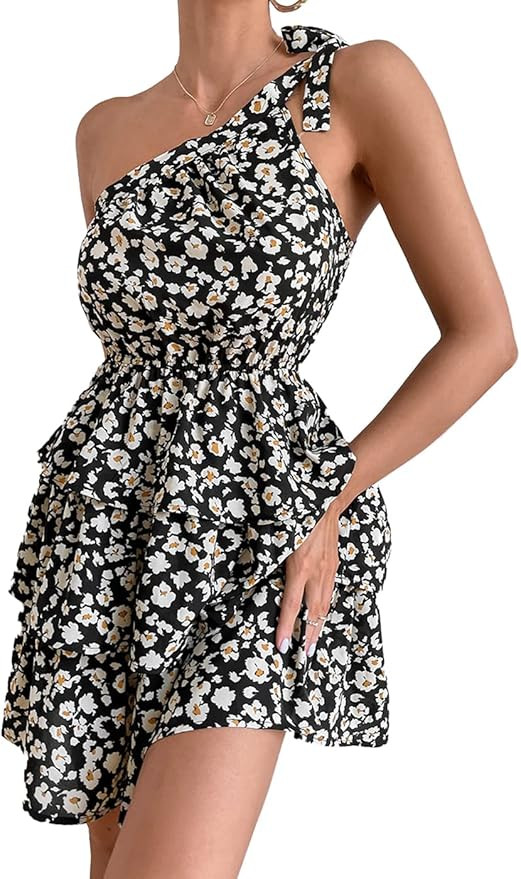 PRETTYGARDEN Women's Summer Tie One Shoulder Boho Floral Dress Elastic Waist Tiered Ruffle A Line... | Amazon (US)