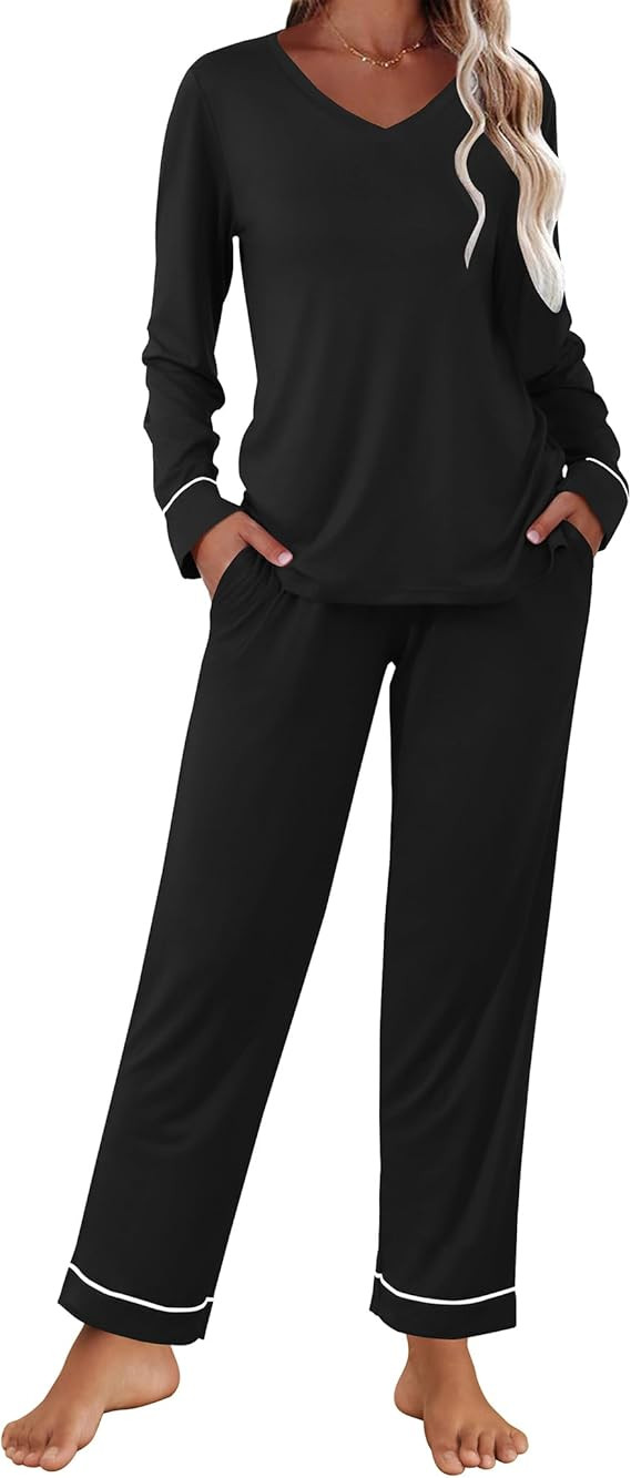 Ekouaer Womens Pajama Sets 2 piece Lounge Sets for Women V-neck Long Sleeve Top and Elastic Waist... | Amazon (US)