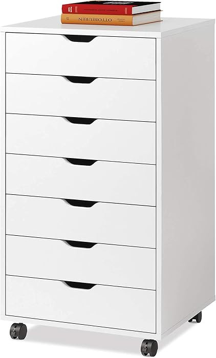 DEVAISE 7-Drawer Office Cabinets, Wood Storage Drawer File Cabinet with Wheels, White | Amazon (US)