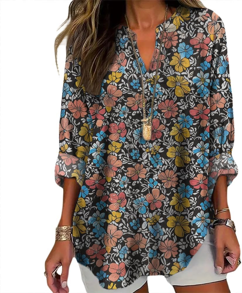 Floral Print Vintage Bohemian Tops for Women V Neck Long Sleeve Dressy Casual Tunic Shirts Loose ... | Amazon (US)