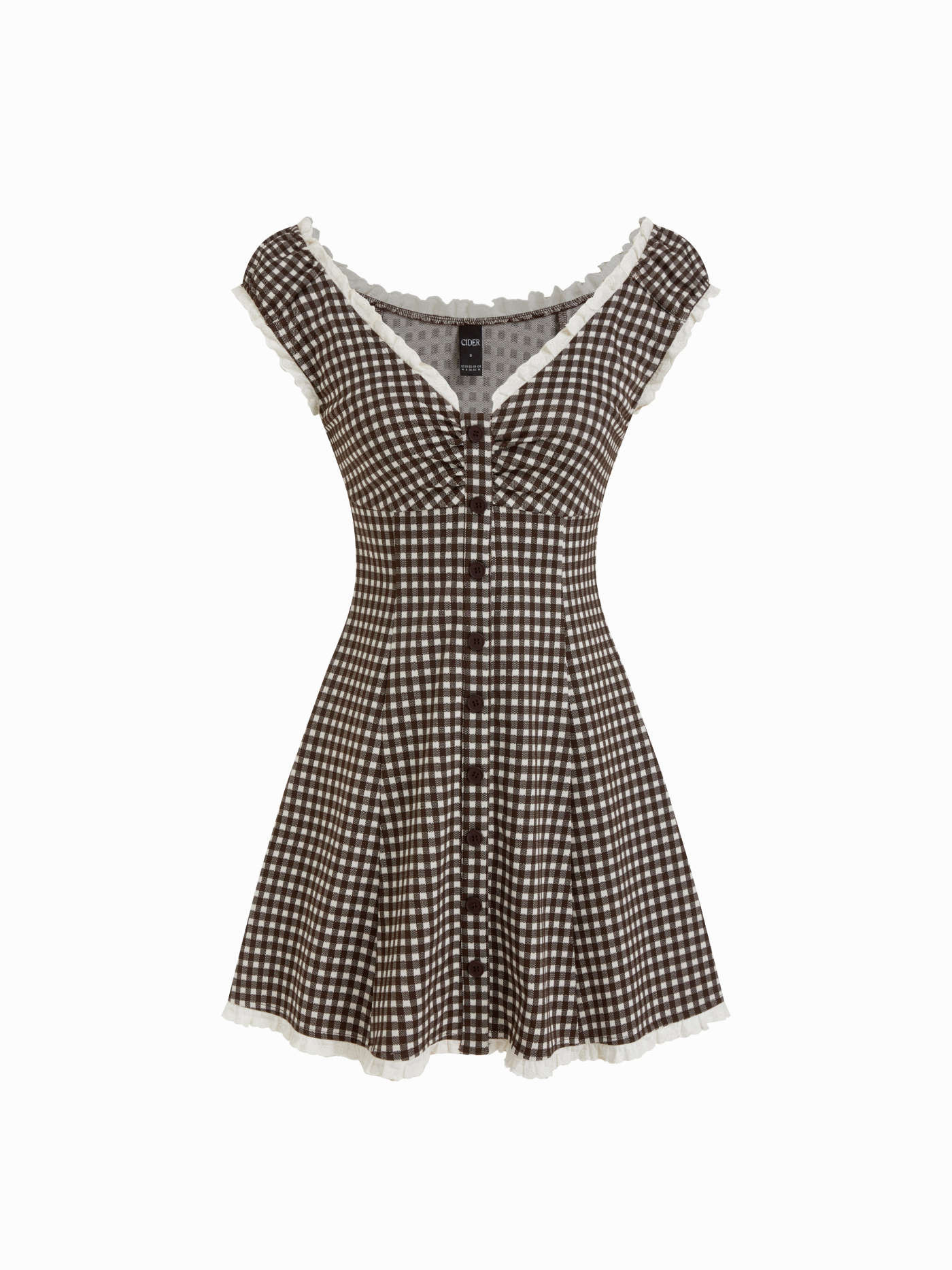Gingham V-neck Short Sleeve Ruched Lace Trim A-line Mini Dress | Cider