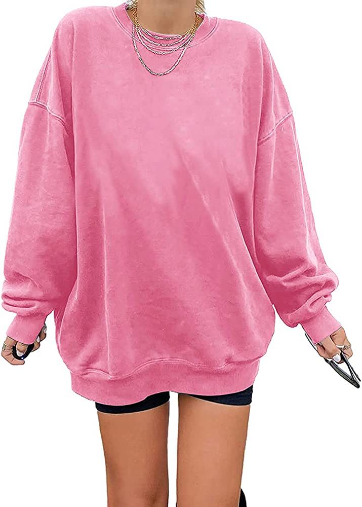 Women's Oversized Long Sleeve Sweatshirts Pure Color Round Neck Casual Pullover Shirt | Amazon (US)