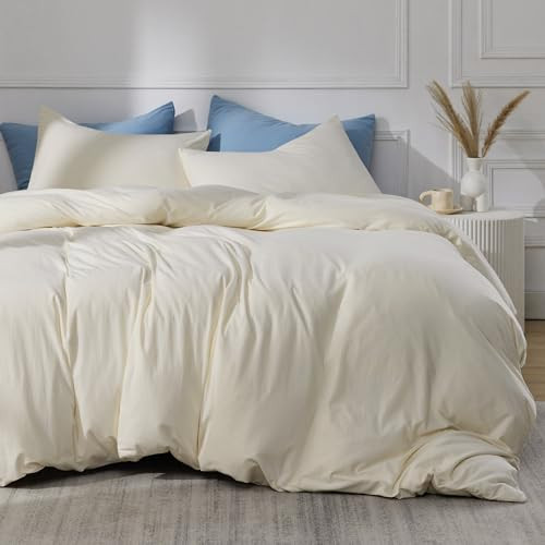 Bedsure 100% Jersey Knit Cotton Duvet Cover, Ultra Soft T-Shirt Cotton Comforter Cover Queen Size, Zipper Closure, 1 Duvet Cover 90x90 Inches and 2 Pillowcases (Cream White) | Amazon (US)