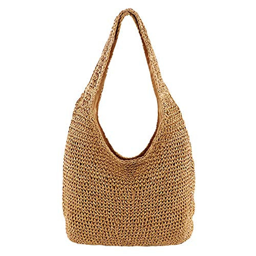 CHIC DIARY Womens Hand-woven Straw Shoulder Bag Large Summer Beach Leather Handles Handbag Tote with Zipper (02-Khaki) | Amazon (UK)