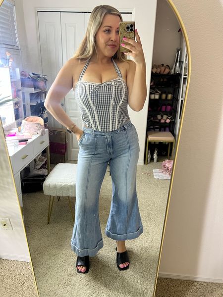 Gingham print corset top
Summer top
Wide leg jeans
Summer outfit inspo
Vacation outfit
Fuller bust approved tops

#LTKMidsize #LTKParties #LTKSeasonal