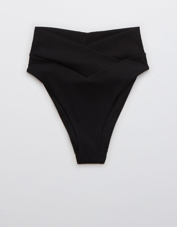 Aerie Ribbed Crossover High Cut Cheeky Bikini Bottom | American Eagle Outfitters (US & CA)