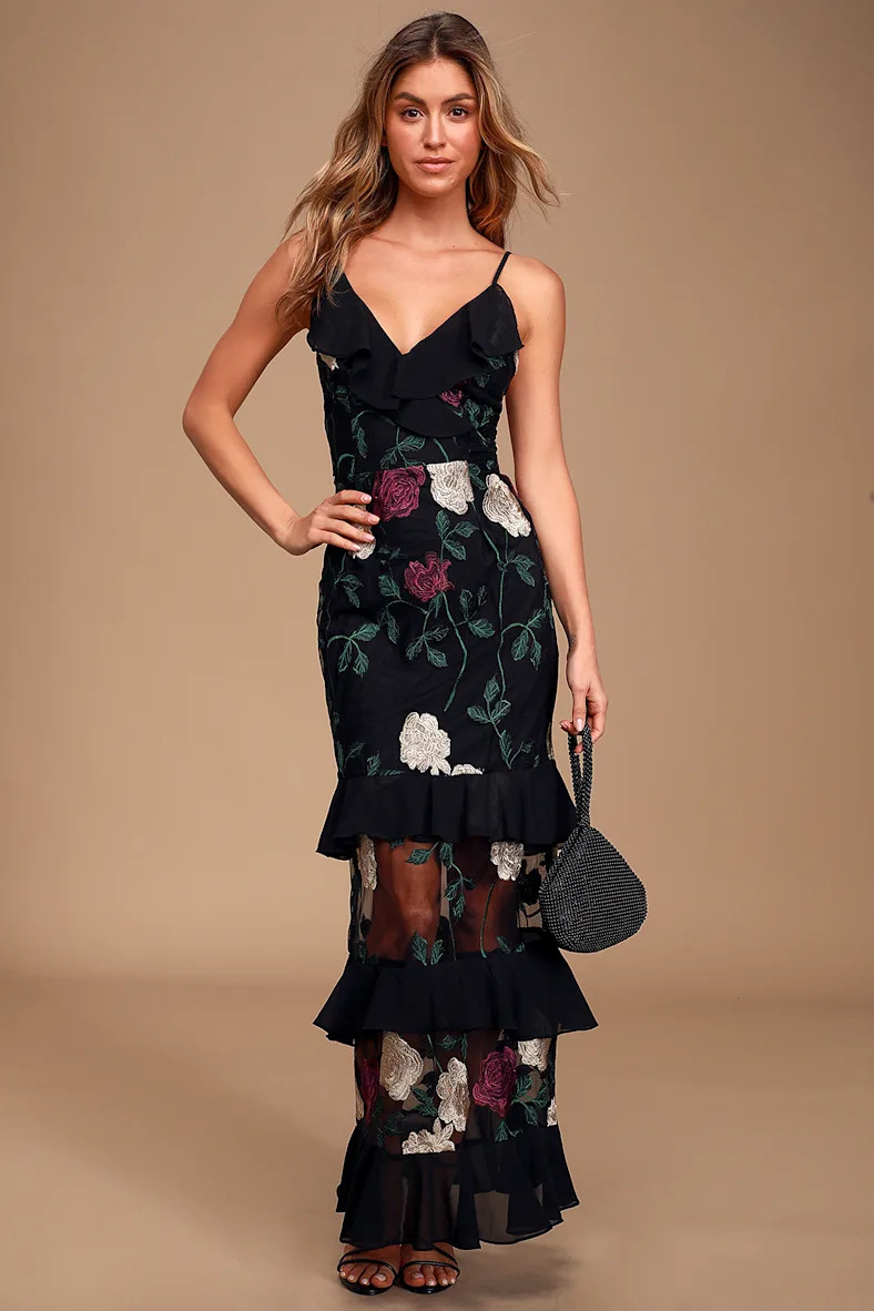 True to Heart Black Floral Embroidered Maxi Dress | Lulus
