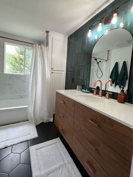 teal bathroom renovation, walnut vanity and copper faucet and accents 

#LTKhome #LTKstyletip