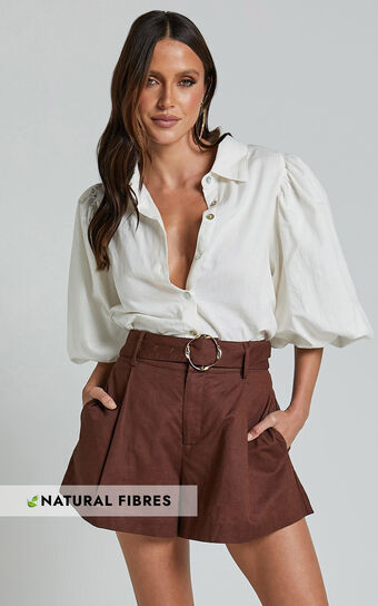 Amalie The Label - Noemie Linen Blend High Waisted Belted Tailored Shorts in Chocolate | Showpo (ANZ)