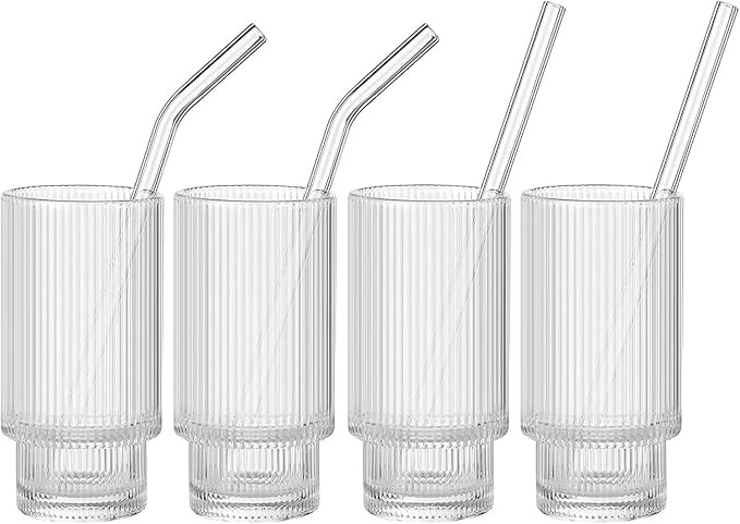 ALINK Ribbed Drinking Glasses with Glass Straws 4pcs Set, Vintage Ripple Iced Coffee Cups Glasswa... | Amazon (UK)