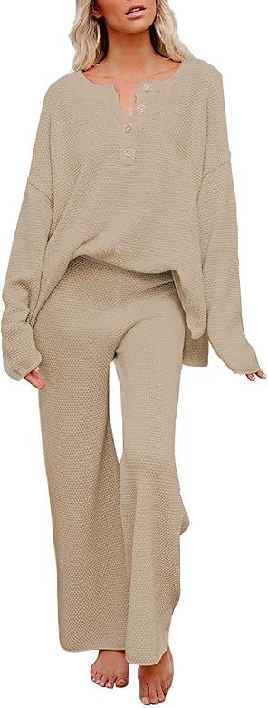 Pink Queen Women's 2 Piece Outfit Set Long Sleeve Button Knit Pullover Sweater Top and Wide Leg Pant | Amazon (US)