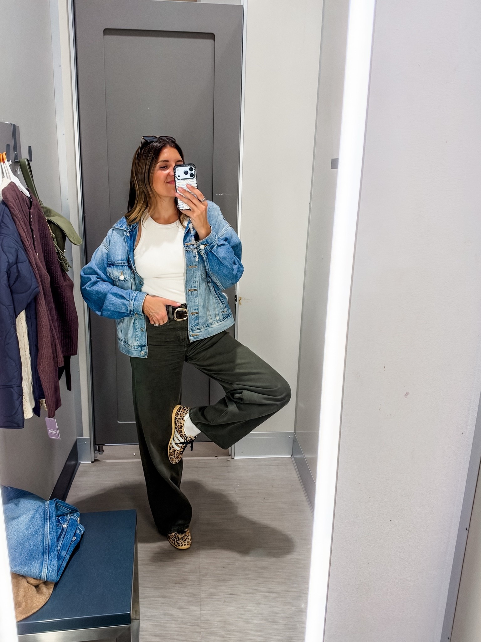 Outfit of the day with these olive green wide leg jeans!! Relaxed fit and so comfy! I’m 5’7” in a size 4 tall. Tank and Levi’s jacket in a small.

#LTKOver40 #LTKTall