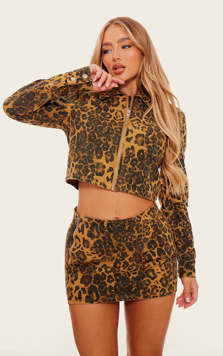 Brown Leopard Print Zip Up Long Sleeved Denim Shirt | PrettyLittleThing US