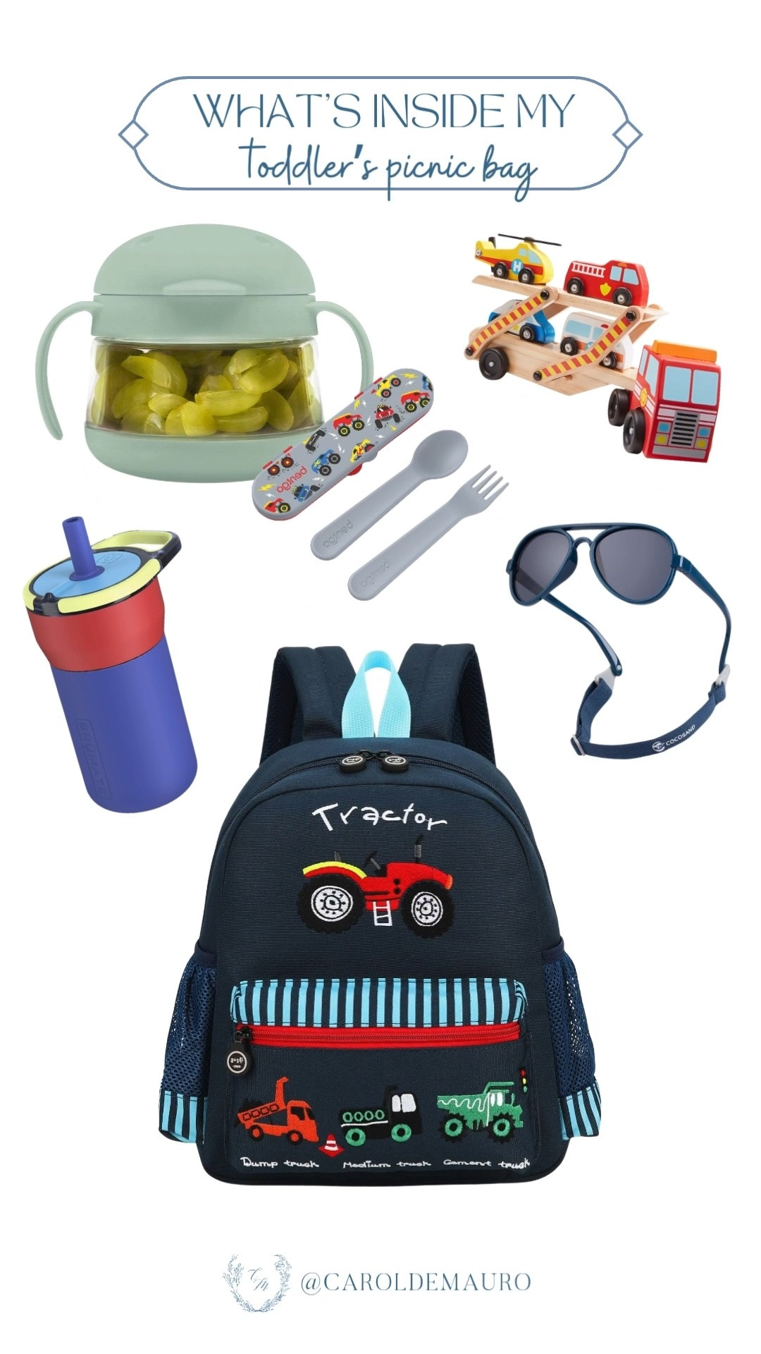Check out what's inside my toddler's picnic bag for our next outing! This tractor backpack is packed with all the essentials: a snack cup, utensils, wooden toy trucks, sunglasses, and his favorite water bottle.

amazon finds, toddler style, travel essentials, parenting tips, on the go activity, gifts for kids, kids toys, summer vibes

#LTKSeasonal #LTKKids #LTKSaleAlert