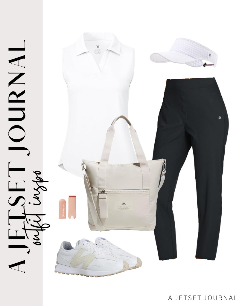 Our first outfit features a white, sleeveless golf polo shirt paired with baleaf pants. This look is ideal for running errands, especially when accessorized with a cute sun visor hat. Complete the outfit with New Balance golf shoes and the Adidas All Me Tote Bag.

#LTKSeasonal #LTKSaleAlert #LTKTravel 

 