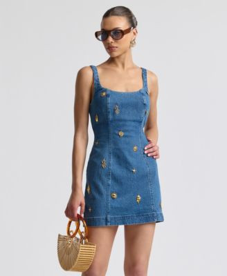 Avec Les Filles Women's Denim Charm Applique Mini Dress - Macy's | Macy's