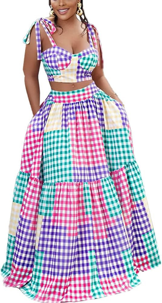 QJBMEI Summer Women's Gingham Dress Sexy Two Piece Tank Top Ruffled Boho Dress | Amazon (US)