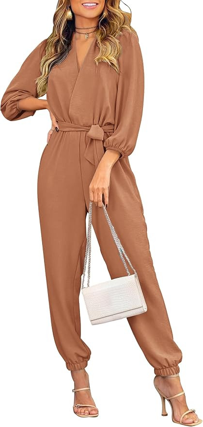 PRETTYGARDEN Women's 2023 Fall Jumpsuits Casual Dressy One Piece Outfits V Neck Long Sleeve Belt ... | Amazon (US)