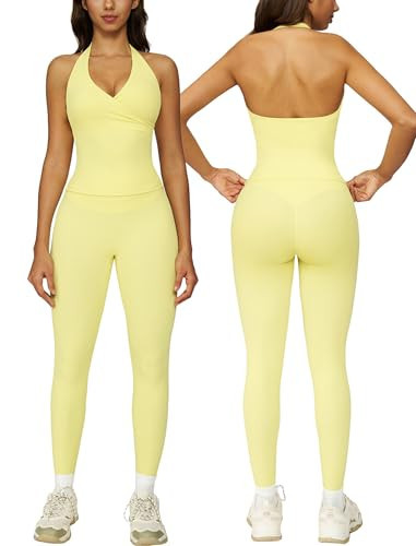 ABOCIW Workout Sets for Women Wrap Halter Tank Top with Built in Pads Tummy Control High Waist Leggings Yoga Pilates Outfits Athletic Gym Set Activewear Yellow Medium | Amazon (US)