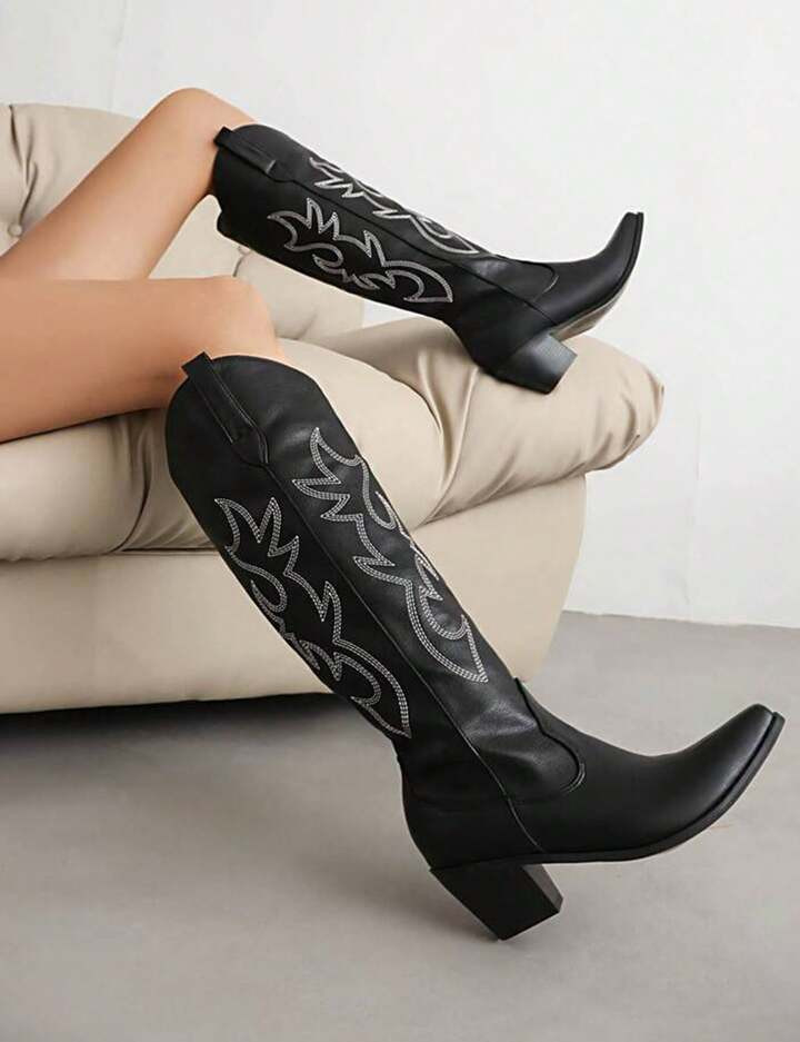 Women's Solid Color Stylish Boots, Pull On Embroidered Comfort Chunky Heel Boots, Point Toe Western Cowboy Boots For Women | SHEIN