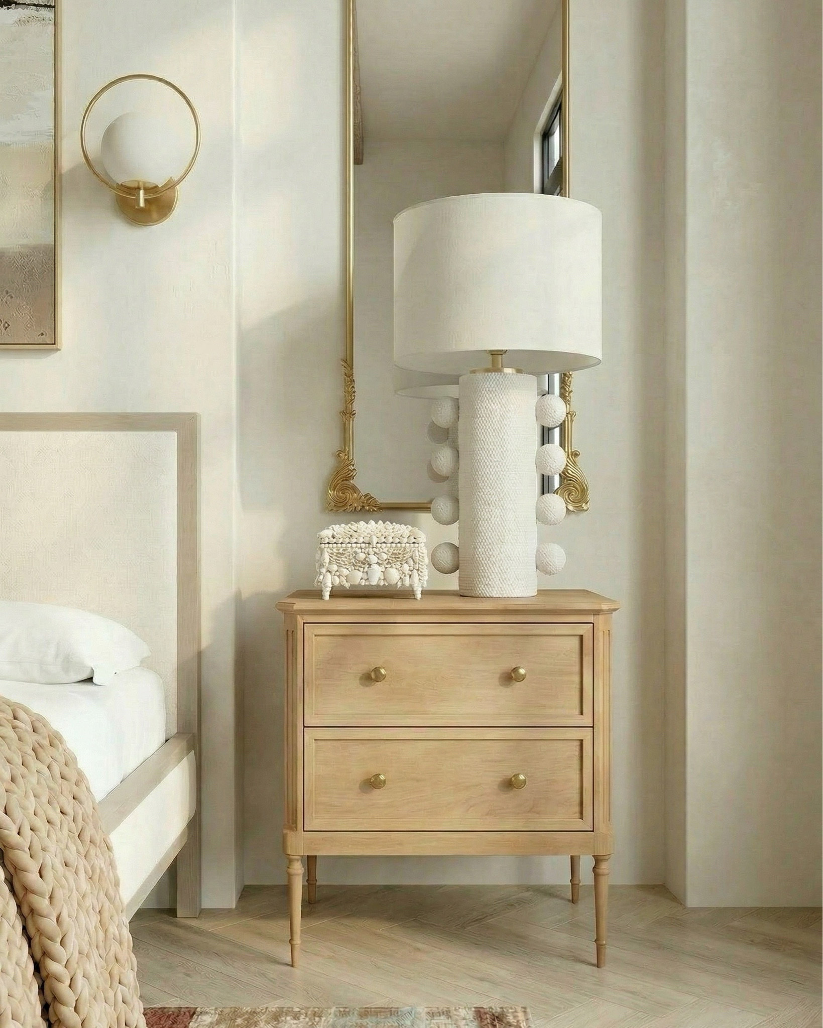 Warm neutral bedroom details 
Light wood nightstands, upholstered cream bed frame, boucle end-of-bed bench, beige textured throw blanket, neutral patterned accent pillows, white and taupe bedding set, abstract neutral wall art, gold wall sconces, arched wall niches, gold framed mirrors, ceramic table lamp with white shade, matte white decorative vase, eucalyptus stems, light wood dresser, brass floor lamp, textured area rug in muted terracotta and blue tones, round fluted wood coffee table, boucle accent chair, small marble side table, stacked coffee table books, ceramic decor accents, wood ceiling beams, herringbone light oak flooring
Modern traditional bedroom, neutral color palette, organic modern decor, cozy minimalist bedroom, high-end bedroom styling, warm earthy tones, designer bedroom inspiration, symmetrical bedroom layout, soft luxury aesthetic, calming bedroom ideas#LTKSaleAlert

#LTKsale #LTKhome