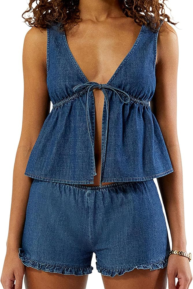 Women Sexy 2 Piece Denim Outfits Sets Bow Tie Front Jean Tank Top and Shorts Set Cute Ruffle Hem ... | Amazon (US)