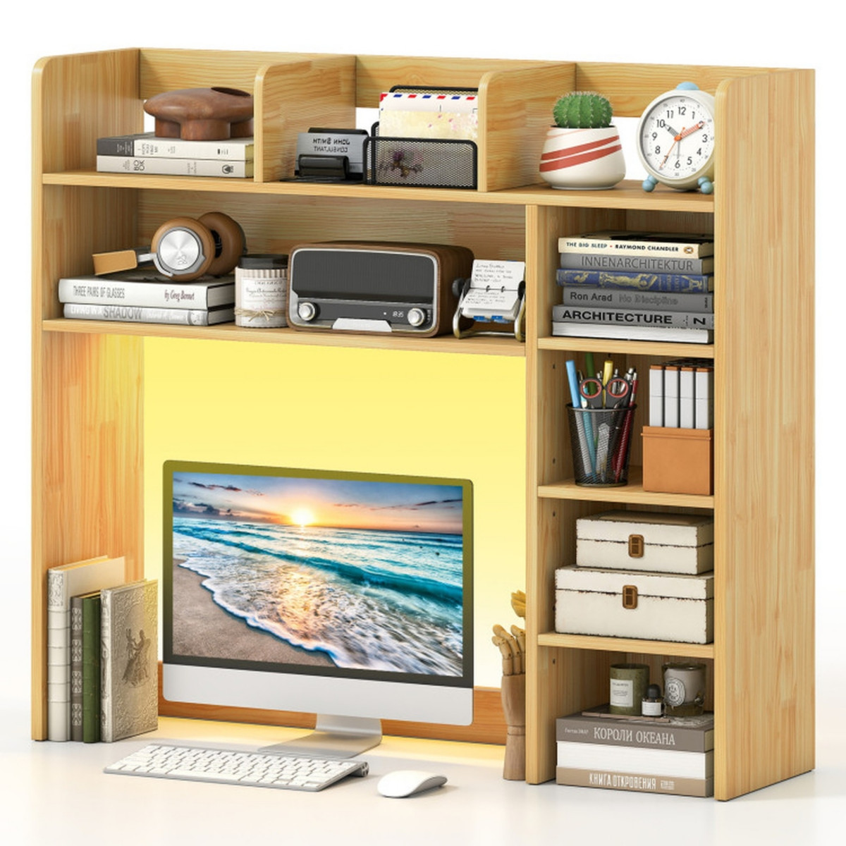 Sugift Desktop Bookshelf with Led Lights 35.5 Inch Desk Hutch Storage Organizer and Remote Control - Beige/khaki | Macy's