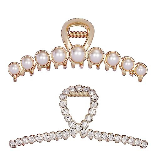 Rhinestone Hair Claw Clips, 4.4 Inch Vintage Metal Imitation Pearl Hair Jaw Clip for Women, Non Slip Hair Clamp Fashion Wedding Party Accessories Elegant Hair Decorations | Amazon (US)