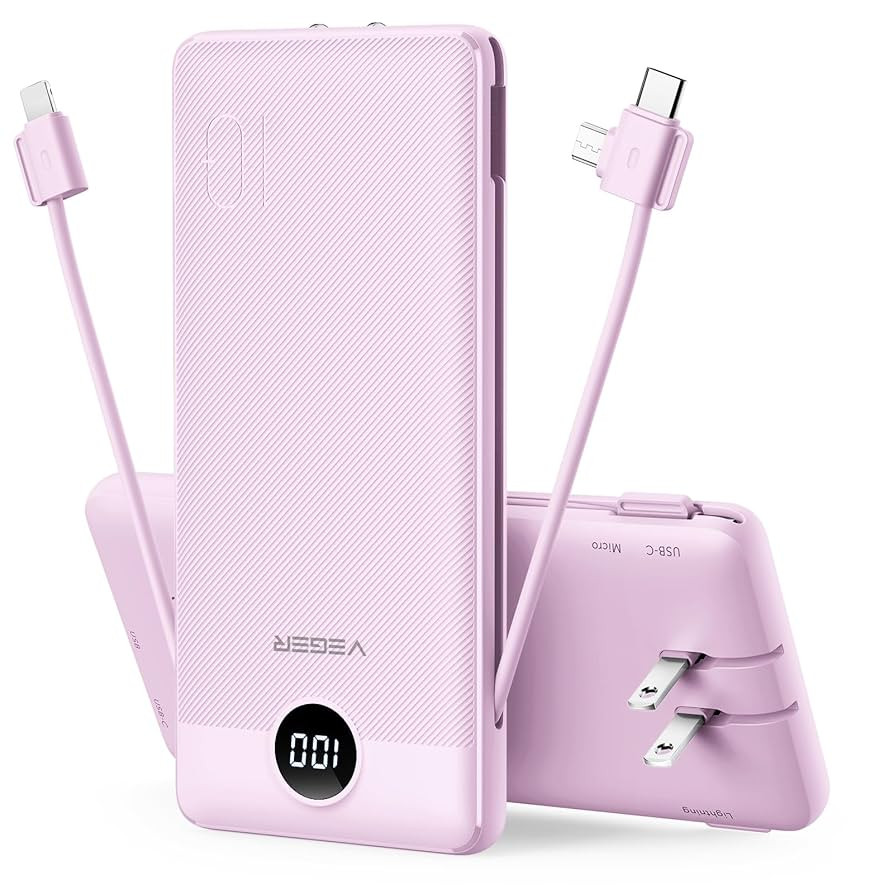VEGER Portable Charger for iPhone Built in Cables and Wall Plug, 10000mah Slim Fast Charging USB ... | Amazon (US)