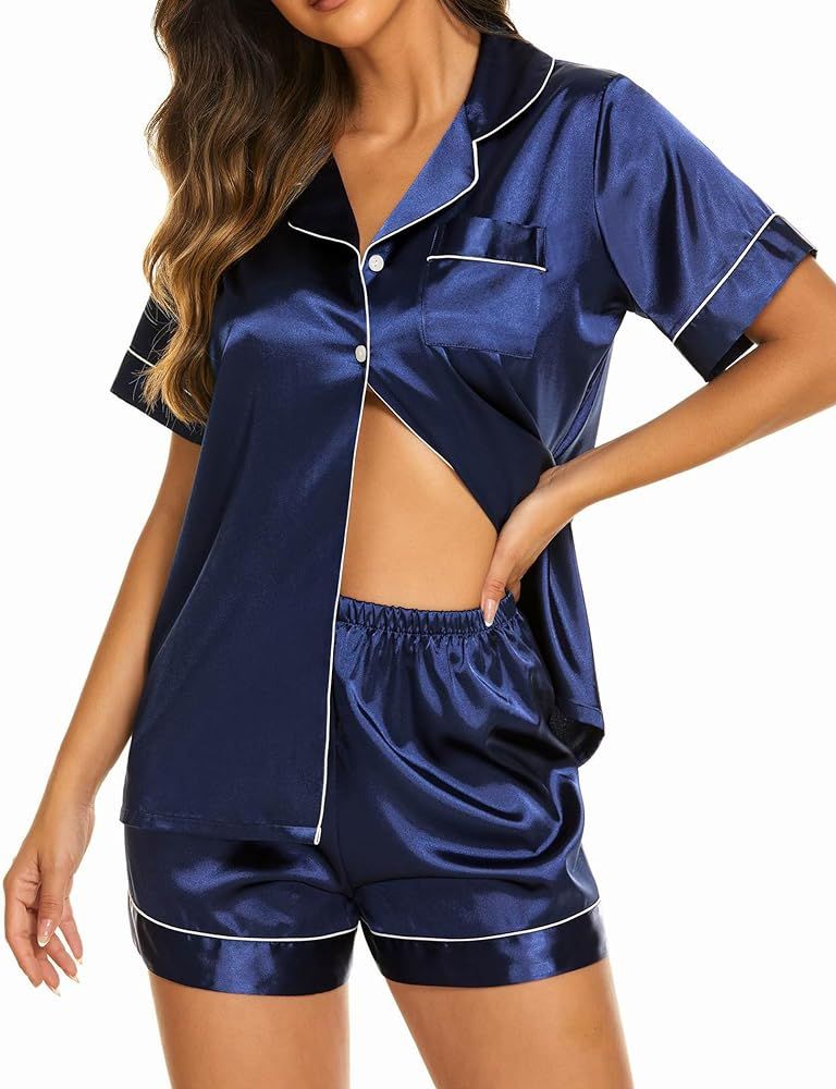 Ekouaer Womens Satin Silk Pajamas Set Short Sleeve Button Down Top and Shorts Sleepwear 2 Piece P... | Amazon (US)