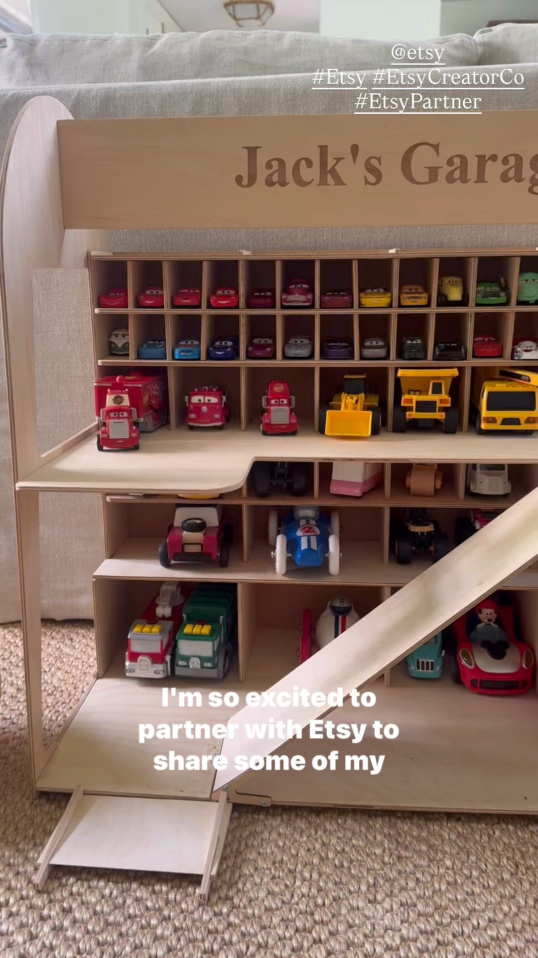 This garage is one of my best-sellers and is probably my favorite Etsy purchase ever. It keeps my son’s cars organized and he plays with it every single day. And it looks great in our house, too. #Etsy #EtsyCreatorCo @etsy #EtsyPartner