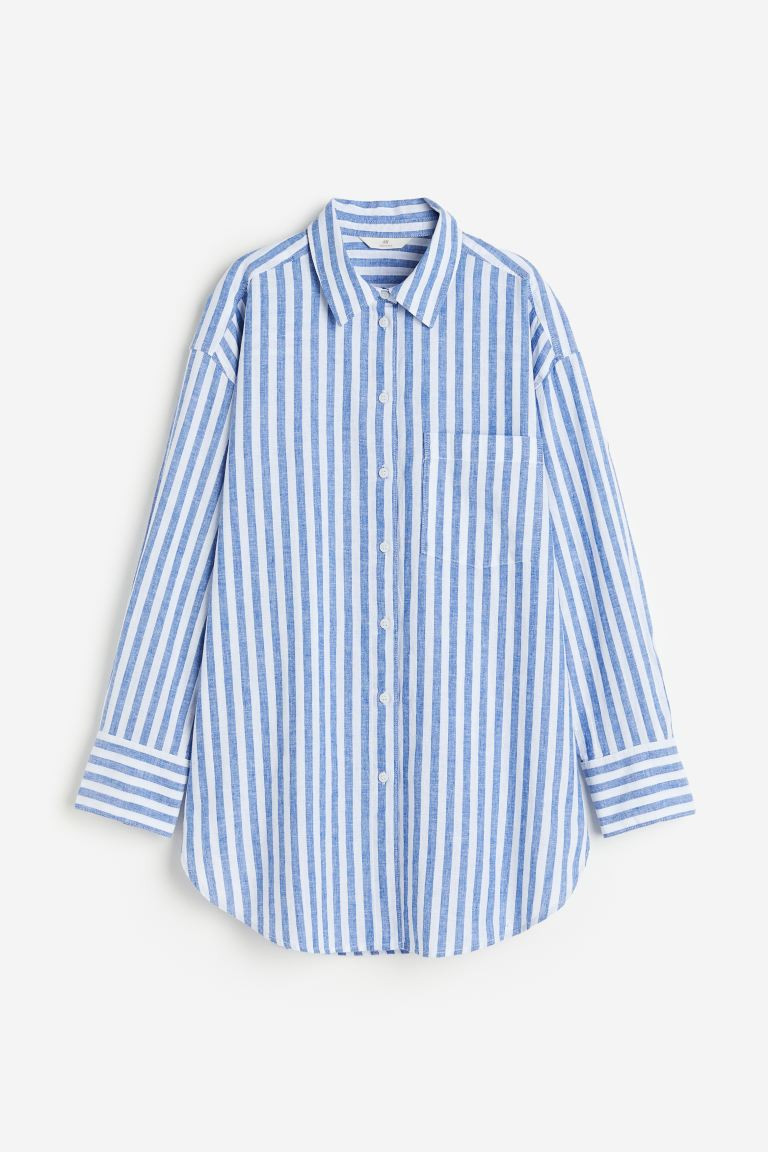 Camisa en mezcla de lino - Manga larga - Largo - Azul/Rayas - MUJER | H&M ES | H&M (FR, IT, ES, PT, BE)