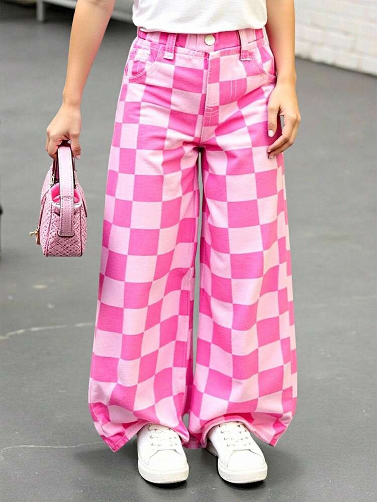 Sparklyn Young Girls Casual Plaid Denim Jeans, Loose Wide Leg, Soft, Suitable For Daily Wear, Back To School, Autumn/Winter Fall | SHEIN