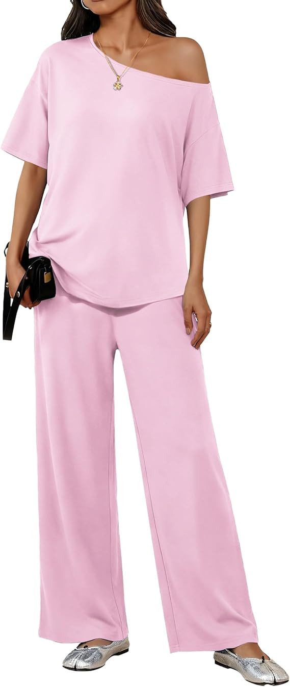Ekouaer Lounge Sets for Women Off Shoulder Short Sleeve Tops and Long Pants 2 Piece Set Summer So... | Amazon (US)