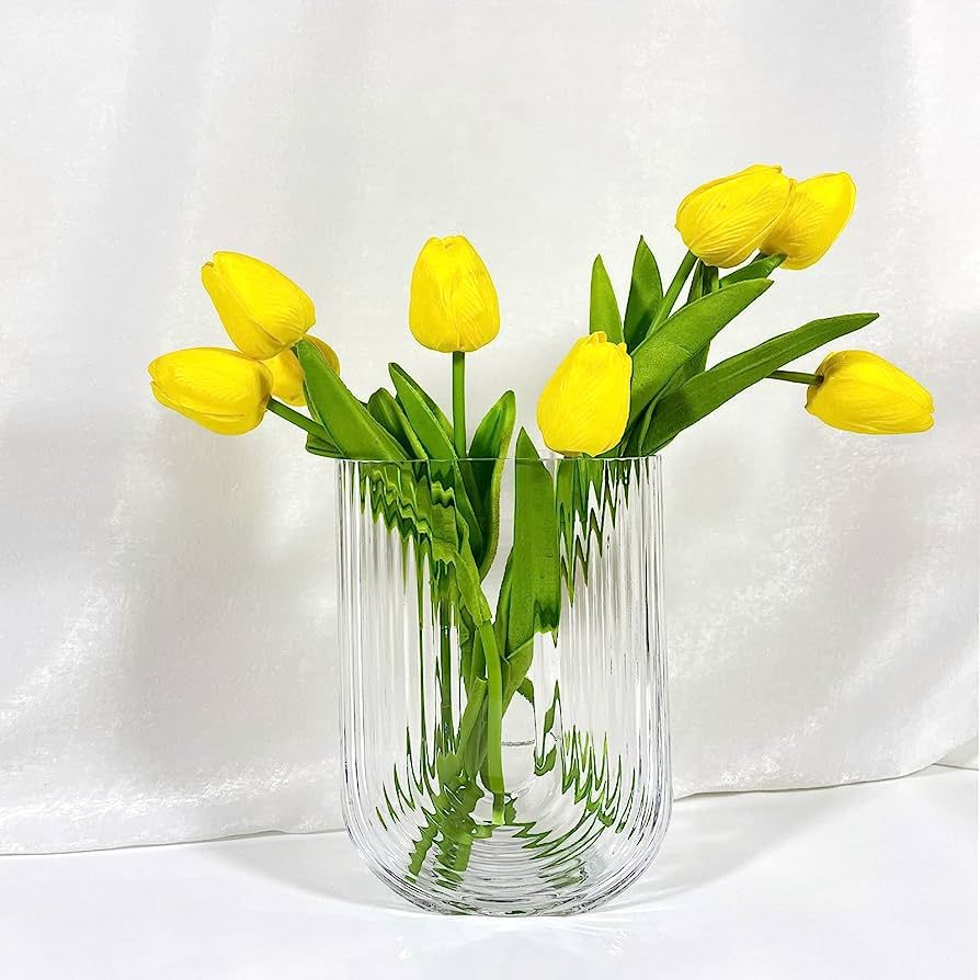 Clear Ribbed Glass Flower Vase, 7" H Modern Small Vase, Ellipse U Shaped Fluted Striped Decorativ... | Amazon (US)
