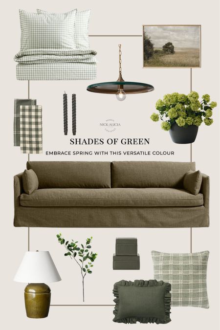 Embrace spring with pieces in versatile shades of green. 

Green gingham duvet cover, vintage landscape art, green school house pendant, green gingham kitchen towels, green rope tapered candles, artificial snowball flowers, green sofa, green table lamp, ficus branch, green leather boxes, green ruffle pillow, green textural pillow



#LTKhome #LTKSeasonal