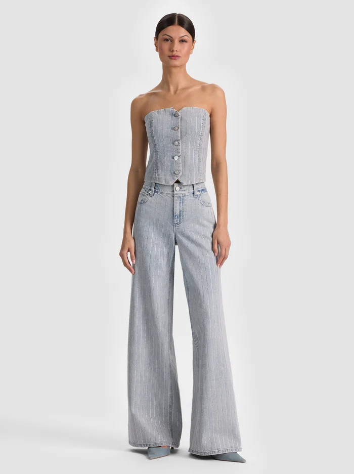 KELCEY STRAPLESS EMBELLISHED DENIM VEST | Alice + Olivia