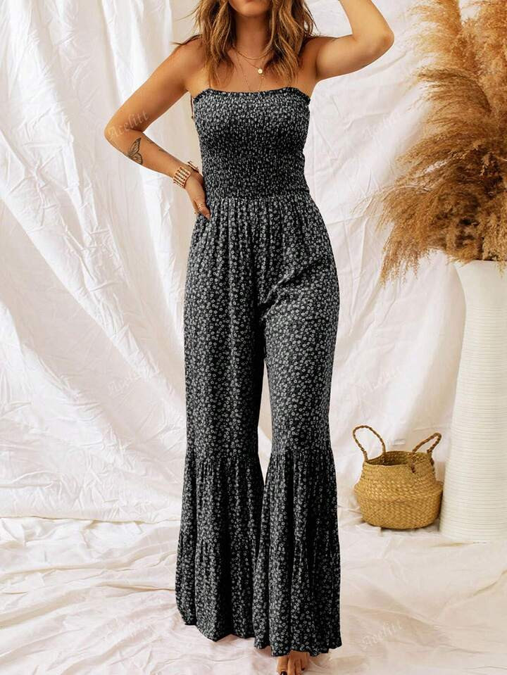 Acelitt Summer Women's Vacation Style Floral Sweeping Wooden Ear Wide Leg Suspender Jumpsuit | SHEIN