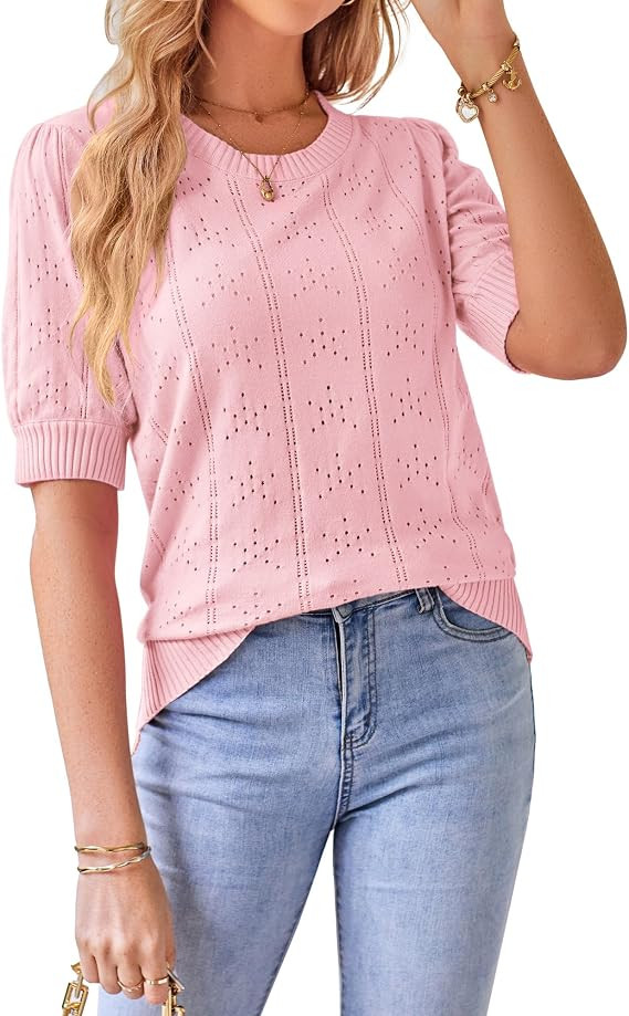 GRACE KARIN Women's Puff Short Sleeve Crew Neck Knit Tops | Blouse,Crochet,Thin,Pullover,sweater,... | Amazon (US)