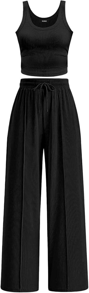 CFLONGE Summer Two Piece Sets for Women Casual Lounge Sets Tank Tops Wide Leg Pants Matching Set ... | Amazon (US)