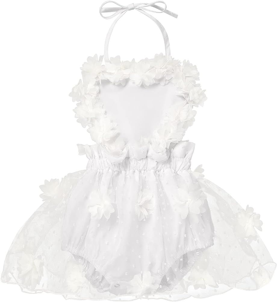 Baby Girl First Birthday Outfit Ruffle Short Sleeve Floral Lace Romper Tulle Dress+Crown Headband... | Amazon (US)