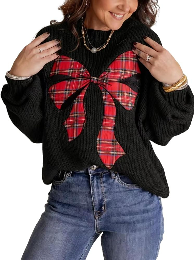 Melliflo Graphic Christmas Sweater for Women Crewneck Plaid Bow Sweaters Long Sleeve Cropped Swea... | Amazon (US)