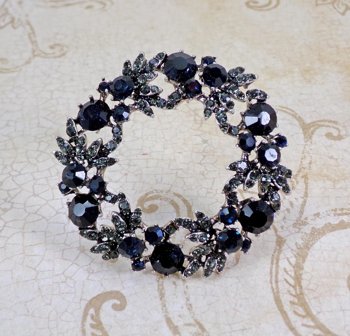 Wreath Brooch with Black and Gray Crystals | eBay US