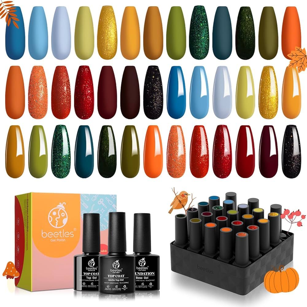 Beetles 20 Pcs Fall Autumn Gel Nail Polish Kit, Nail Gel Polish Red Yellow Orange Green Gel Polis... | Amazon (US)