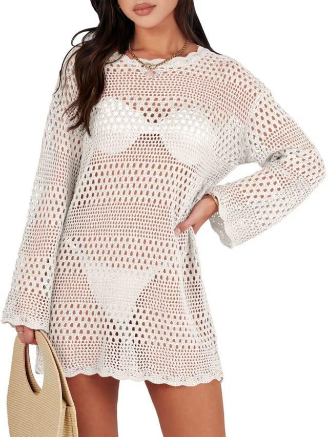 ANRABESS Women Swimsuit Crochet Swim Cover Up Summer Bathing Suit Swimwear Knit Pullover Beach Dr... | Amazon (US)