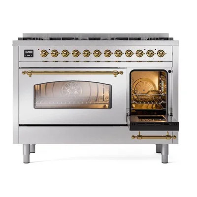 ILVE UPD406NMP Nostalgie II 48 inch Dual Fuel Range with 8 Total Black Brass Burners (Limited Edition) | Wayfair North America