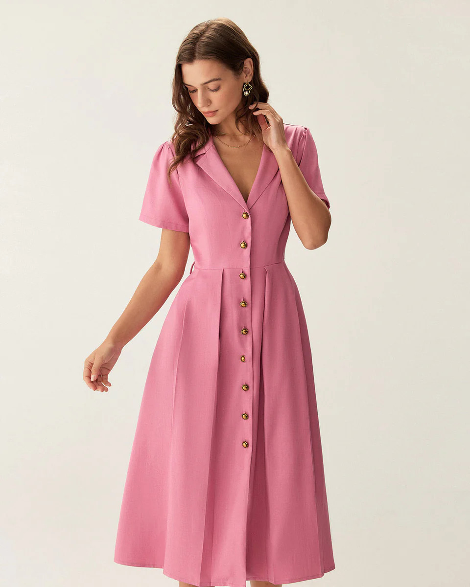 Rose Red V-Neck Button Midi Dress | rihoas.com