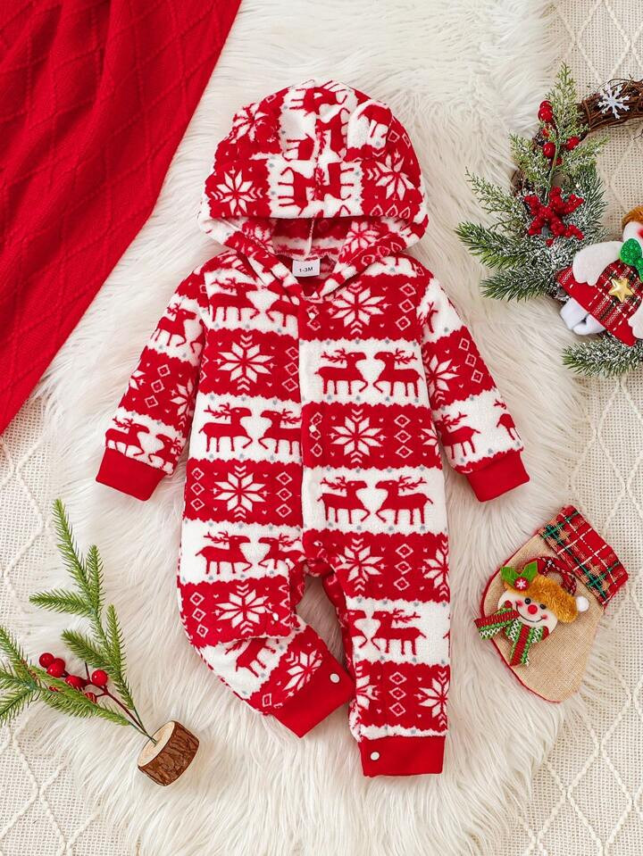 Cute Deer Pattern Christmas Hooded Long Sleeve Jumpsuit, Warm And Fuzzy | SHEIN